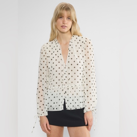 Wilfred Tops - Aritzia Wilfred Rhyme Blouse Chiffon Peplum Blouse Polkadot Light Birch/Black